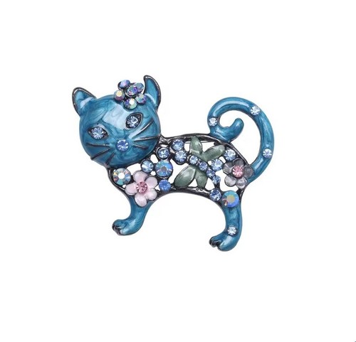 Spilla gatto blu con - , fiori