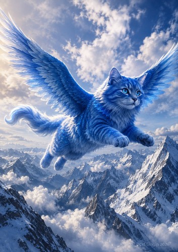 Chat bleu ailé volant - chat,